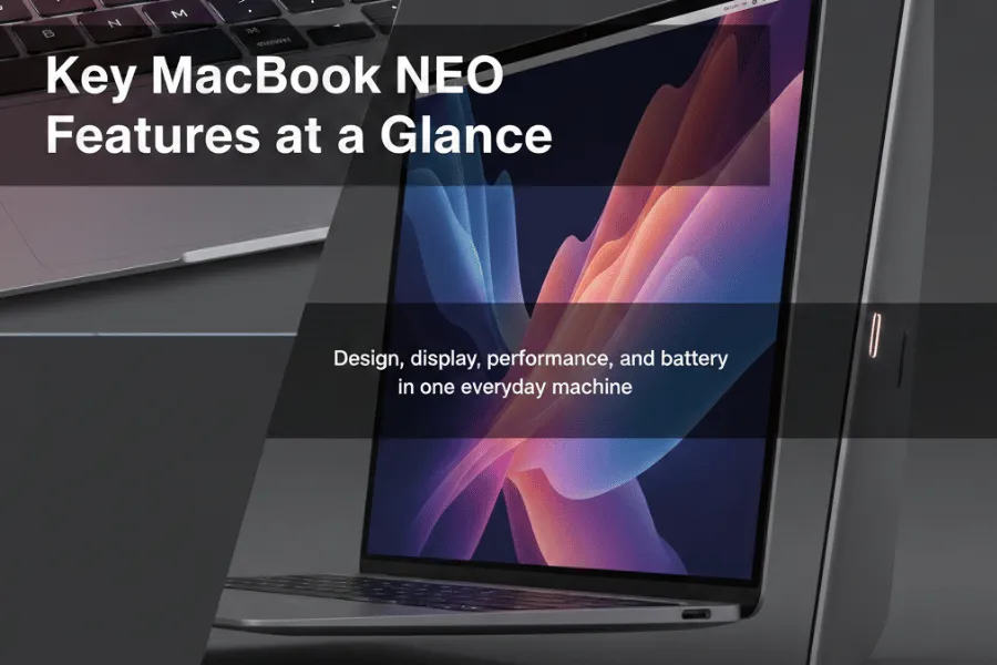 Are You As Excited As We Are About the New MacBook NEO? Here’s Everything You Need to Know 2 Close‑up collage of MacBook NEO keyboard, trackpad, display, and side profile highlighting its slim design