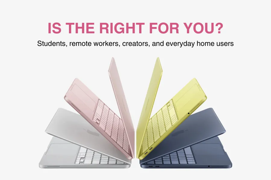 Are You As Excited As We Are About the New MacBook NEO? Here’s Everything You Need to Know 4 Four small scenes showing a student, remote worker, content creator, and family each using a MacBook NEO
