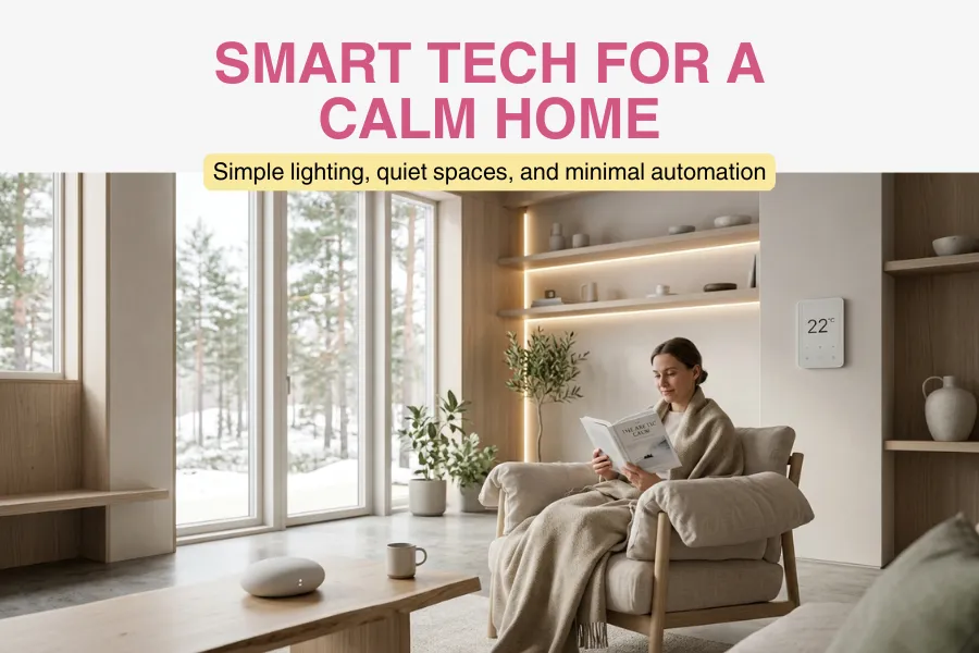 Calm home environment with simple smart tech lighting and comfort Calm home environment with simple smart tech lighting and comfort